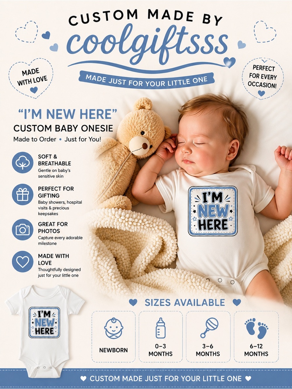 Baby Onesie - "I'm New Here" boy or girl Short-Sleeve Bodysuit new made to order